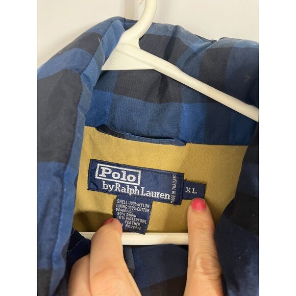 VTG Polo Ralph Lauren Sport Men's Blue Checkered Down Puffer Jacket Sz XL - Picture 3 of 10